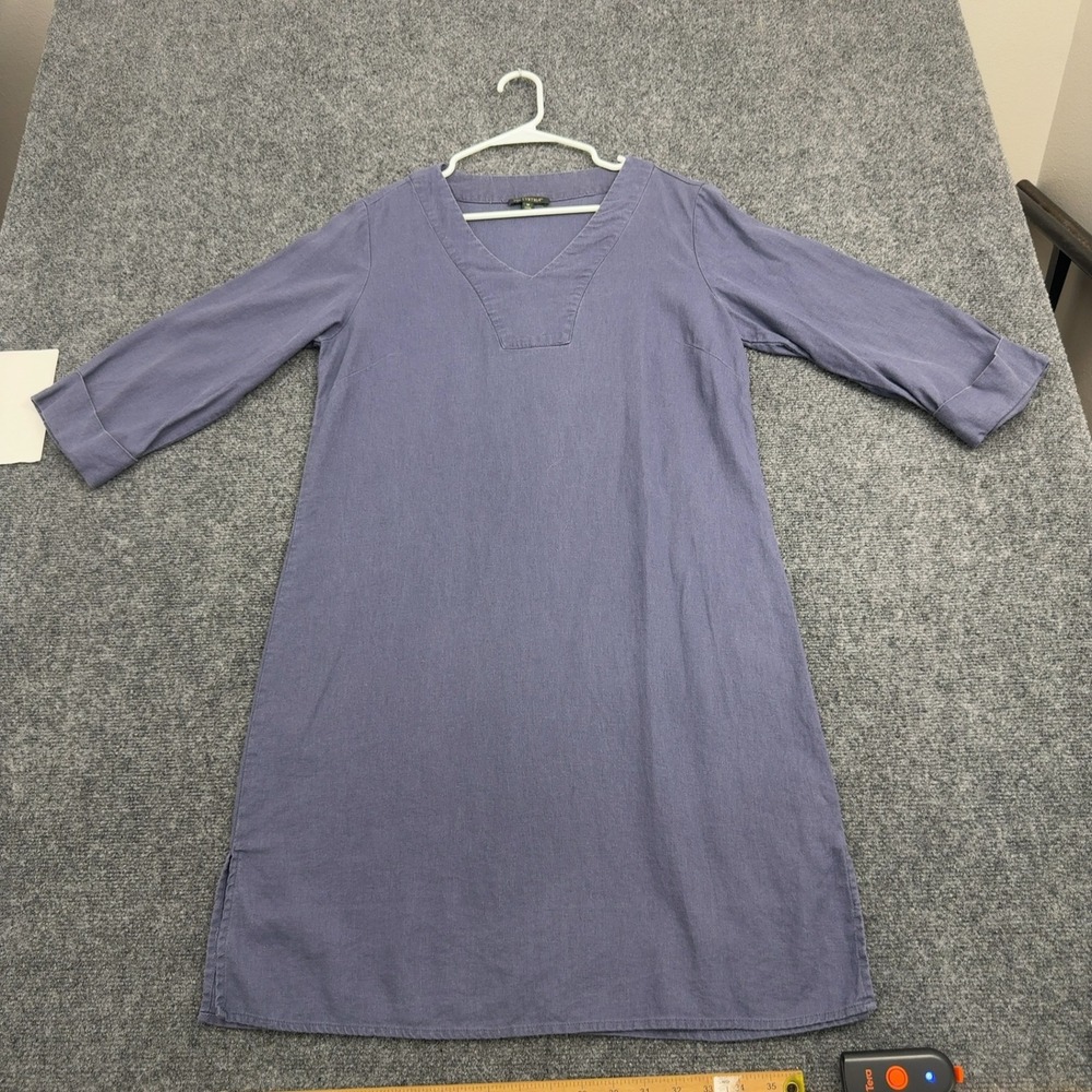 For Cynthia Dress Women M Blue Linen Viscose V Neck 3/4 Sleeve Shift Boho Casual